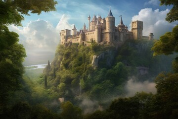 Wall Mural - A castle stands amidst a dense forest of trees and bushes in the foreground. Generative AI