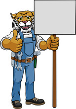 Wildcat Cartoon Mascot Handyman Holding Sign