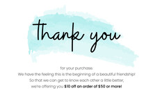 Thank You For Your PURCHASE, Printable Vector Illustration. Business Thank You Customer Card, Creative Graphic Design Template. Soft Watercolor Background, Calligraphy Script Text, Business Card.