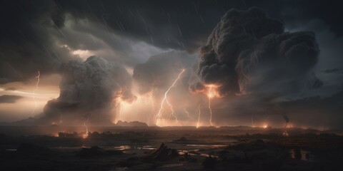 Poster - A massive storm cloud illuminated by bright bolts of lightning. Generative AI