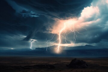 Poster - A massive storm cloud illuminated by bright bolts of lightning. Generative AI