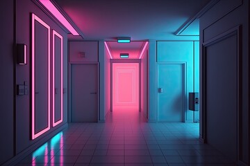 Wall Mural - Neo cyberpunk modern room with no furniture in the future. realistic lighting for movies. template, structure, and room arrangement. Illustration of a large corridor with pink and blue lighted walls