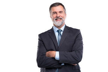 Happy satisfied mature businessman looking at camera isolated on transparent background