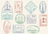Fototapeta Londyn - Travel, passport stamps or seals with city landmarks. World famous places set. Vector illustration.