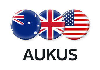 AUKUS banner with USA, UK, Australia flag icons. American, British, Australian security alliance pact design. Vector illustration.