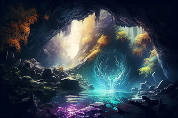 Wall Mural - inside the cave with colorful background. generative ai.