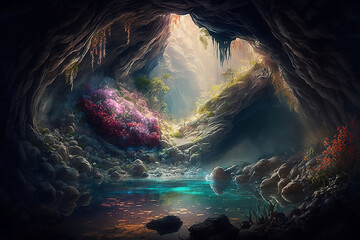 Canvas Print - Inside the cave with colorful background. Generative AI.