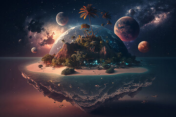 Wall Mural - island in the galaxy night. generative ai.