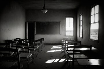 Sticker - Empty classroom with chairs, desks. Generative AI