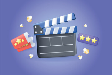 Poster - Cinema concept 3D illustration. Icon composition with director clapperboard, tickets, stars rating and popcorn pieces. Movie watching and film entertainment. Vector illustration for modern web design