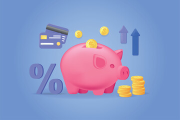 Aufkleber - Economic concept 3D illustration. Icon composition with piggy bank and stack of coins, saving money in credit card account, investing with deposit percent. Vector illustration for modern web design