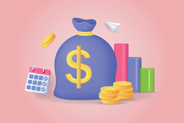 Aufkleber - Investment concept 3D illustration. Icon composition with money bag with dollar sign, stacks of coins, calendar and data graphs. Success financial strategy. Vector illustration for modern web design