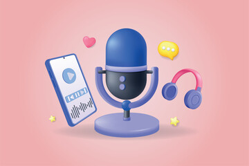 Aufkleber - Podcast concept 3D illustration. Icon composition with microphone, headphones, recording audio, listening talk or interview in mobile podcasting application. Vector illustration for modern web design