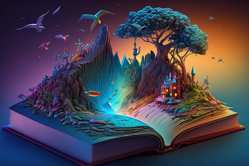 Wall Mural - Book that contains fantastic stories, magic imaginary world full with color and happiness. Generative ai.