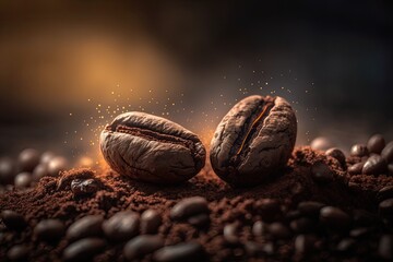Wall Mural - Two coffee beans up close at roasted coffee heap. Coffee bean on a background of ground coffee in macro. Arabic roasted coffee is a hot beverage ingredient. Generative AI