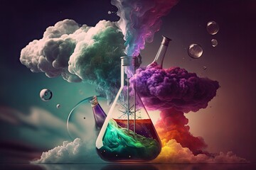 Wall Mural - the theme is chemistry and pharmacy. glass test flask filled with fluid in a lab. background in scie