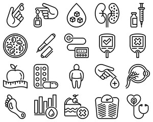 Diabetes thin line icons set: blood test, glucometer, glucose level, insulin pen, hyperglycemia, insulin pump, diabetic retinopathy, medical checkup. Vector illustration