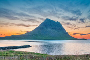 Sticker - Kirkjufellfoss mountain at summer sunset, Iceland