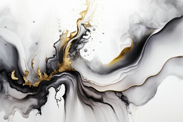 Wall Mural - Black and white backdrop with stunning alcohol ink and golden paint smudges and stains make up this abstract gray with gold work of art. Marble, smoke, watercolor, or aquarelle are all examples of tex