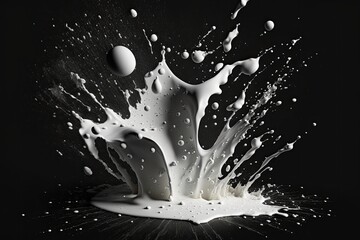 Sticker - Realistic image of a milk spill on a black background. Generative AI