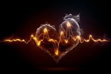 Heart EKG And Heart Rate Line Made Of Fire And Smoke On Black Background. Digitally Generated AI Image