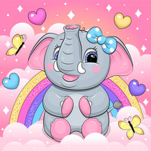 A Cute Cartoon Elephant With A Blue Hair Bow Sits On A Cloud. Vector Illustration Of An Animal On A Pink Background With A Rainbow, Clouds, Hearts And Butterflies.