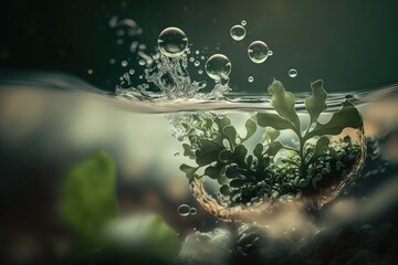 Poster - Defocused splash, bubbles, and shadow of a plant on transparent, calm, clear water surface. a modern, abstract background of nature with copy space. Generative AI