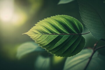 Wall Mural - Nature's green leaf on a background of hazy greenery. Lovely leaf texture in the sunlight. Natural environment macro in closeup with text copy space. Generative AI