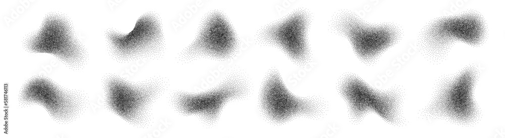 Fluid halftone shapes, abstract liquid stipple forms, black splatter ...