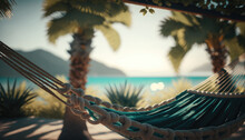 Hammock Hanging Between Two Palm Trees Overlooking The Sea Created With Generative AI Technology