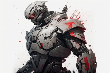 Poster - Science fiction robot soldier in the future. Conceptual illustration of a mech soldier wearing gray and white colored metal armor that has been scratched. Red painted mech conflict Illustration with a