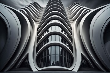 Poster - Background of the building's curved facade is futuristic architecture. Generative AI