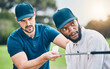 Teaching, lesson and men playing golf, learning good form and sports hobby. Help, instructor and a black man with a coach for professional sport training, physical activity and golfing on a course