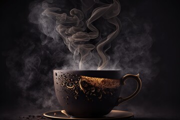 Sticker - Dark background with a steaming coffee cup. Generative AI