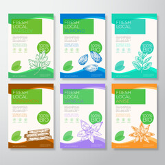 Wall Mural - Fresh Local Nuts and Spices Labels Packaging Design Layout Collection. Vector Background Covers Set. Modern Typography and Hand Drawn Almond, Cinnamon, Vanilla, Anise, Mint and Parsley.