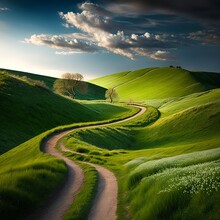 Beautiful Winding Route Across A Lush Field Of Grass In A Hilly Terrain In The Early Morning Against A Cloudy Blue Sky. View Of A Natural Countryside In Spring And Summer, Generative AI.
