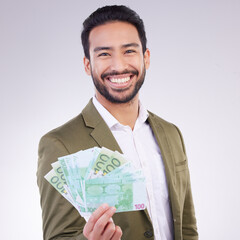 Canvas Print - Money, cash and happy man face isolated on a white background business wealth, bonus or investing profit. Winner, banking or rich accountant or Asian person with financial freedom in studio portrait