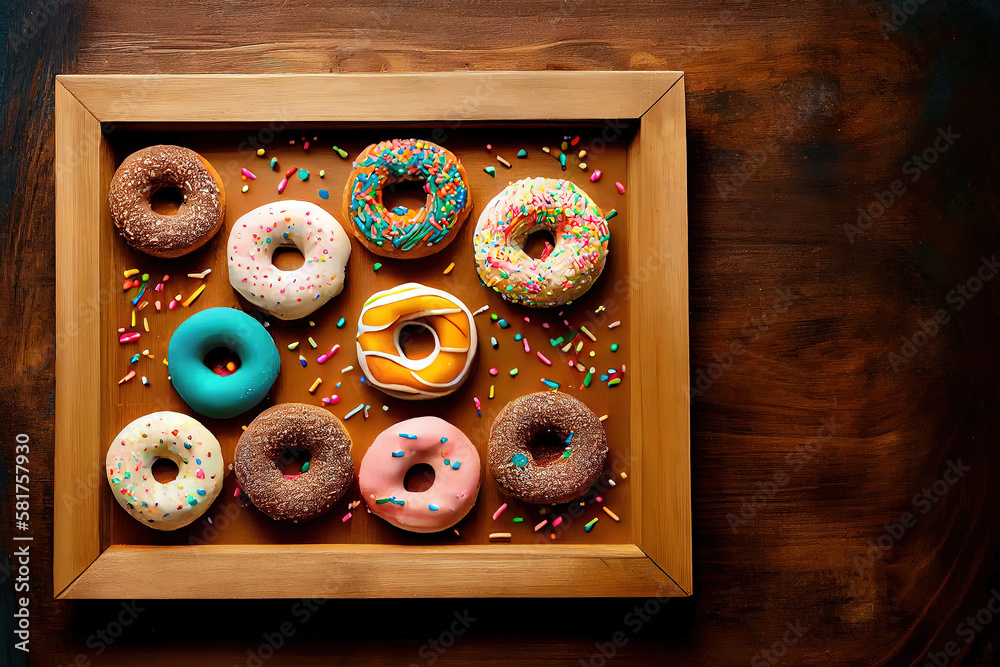 Flat lay view of many Frosted donuts with candy sprinkles arranged in a ...