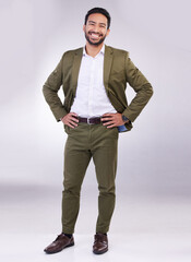 Poster - Portrait, smile and a business man in studio standing hands on hips against a gray background feeling confident. Success, motivation and vision with a happy male employee looking proud or positive