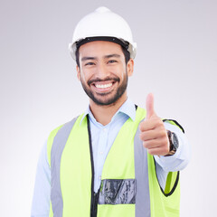 Aufkleber - Thumbs up of engineering man face isolated on a white background support, like or success in project management goals. Asian construction worker or architect contractor thank you hand sign in studio
