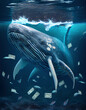 A big whale swims underwater among the money. Generative AI.