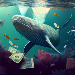 A big whale swims underwater among the money. Generative AI.