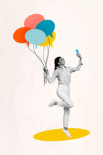 Creative Magazine Poster Collage Of Funky Blogger Young Lady Make Self Portrait Showing Many Chat Mind Clouds