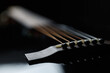 © hurricanehank - Black acoustic guitar sadle and fixing pegs in focus. Professional musical instrument with metal strings