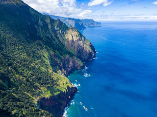 Madeira. Boca do Risco Aerial View. Steep Cliffs over the Atlantic Ocean. Madeira Island, Portugal.