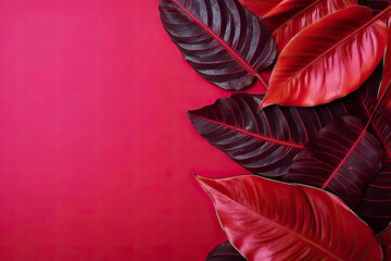 Collection of Red Tropical leaves Foliage plant in Red color with space in Red Background. - Pattern, digital, design, graphic., leaf, texture, red, closeup, textured, wallpaper, leaves
