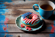 American Donuts With Glaze In Colors Of USA Flag Blue, Red, White. Cup Of Coffee. On Light Blue Old Rustic Wooden Table. Generative Ai