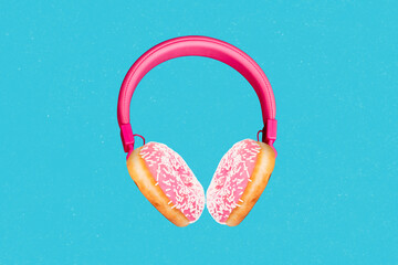 Creative poster template collage of innovative headset with tasty fresh donut cookies high quality sound sweet taste