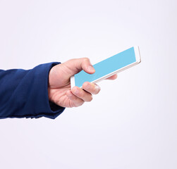 Aufkleber - Man, hand and phone with green screen in studio for communication or network connection on website. Hands of male with smartphone for internet search, mobile app or mockup chat on a white background