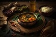 wonderful south Indian sambar meal on a wooden background, vegetarian cuisine theme. Generative AI